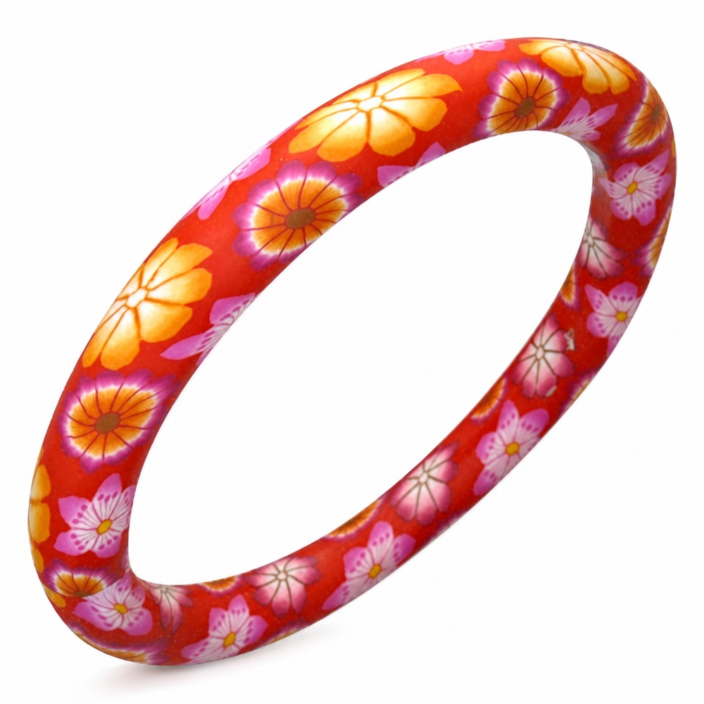 Náramok s kvetmi z FIMO hmoty, červená farba