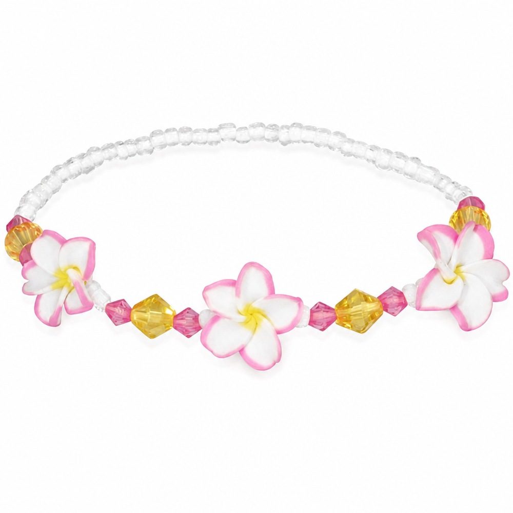 Náramok FIMO Hawaii s ružovými kvetmi, číre korálky