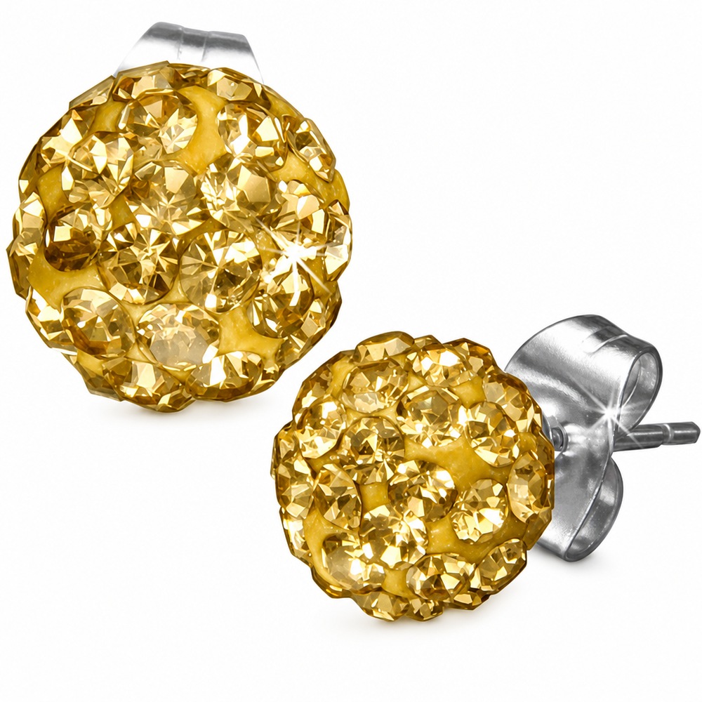 Náušnice Shamballa 8 mm, žlté kamienky, strieborná farba