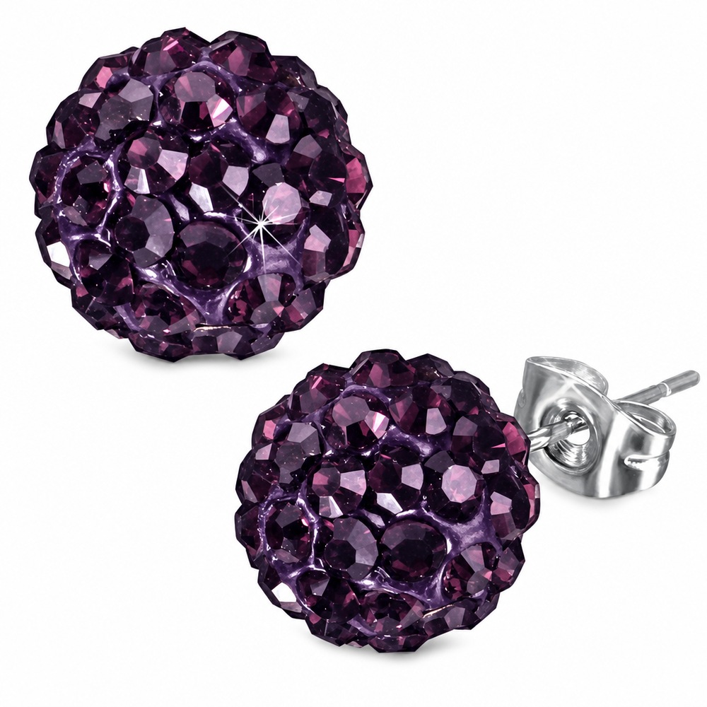 Náušnice Shamballa 8 mm, tmavofialová, strieborná farba