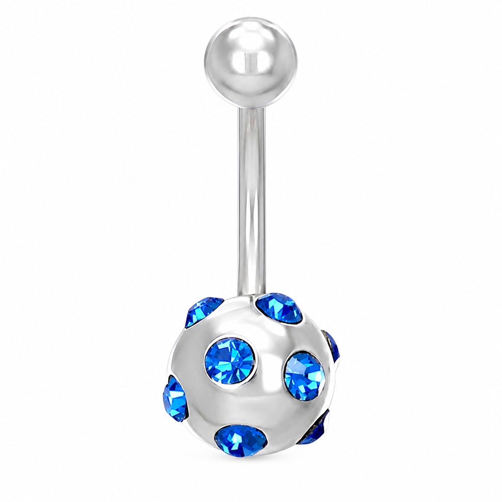 Piercing do pupka s modrými kamienkami, strieborná farba