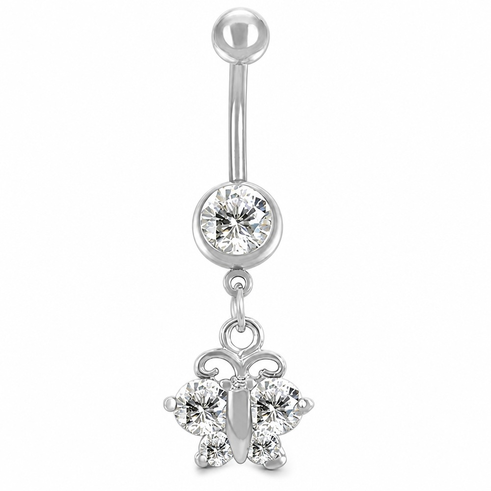 Piercing do pupka s motýľom, číre kamienky, strieborná farba