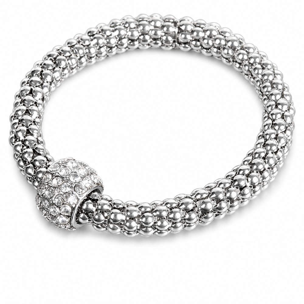 Náramok shamballa s kamienkami, strieborná farba, naťahovací