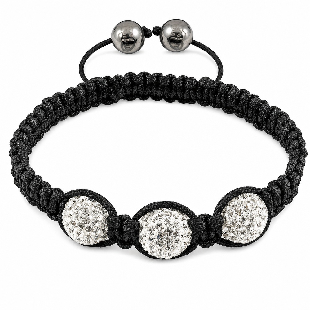 Náramok Shamballa s tromi guľami, čierna šnúrka